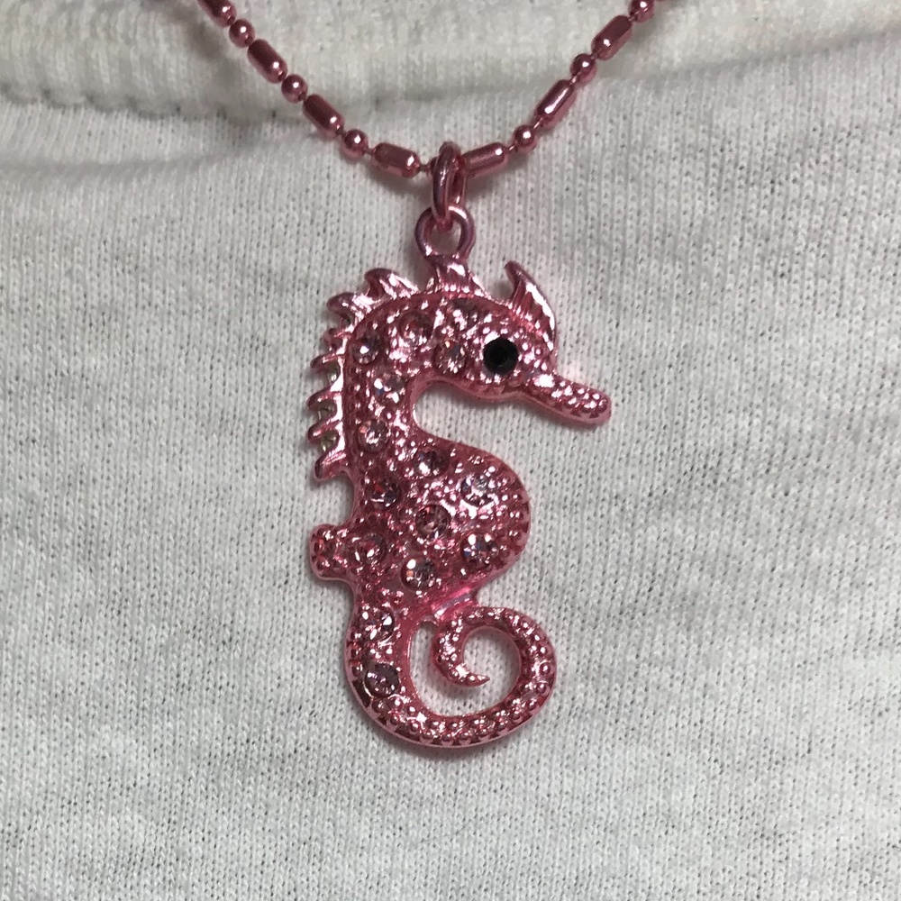1.5x.5 inch Pink Seahorse Rhinestone Pendant 16 in pink chain